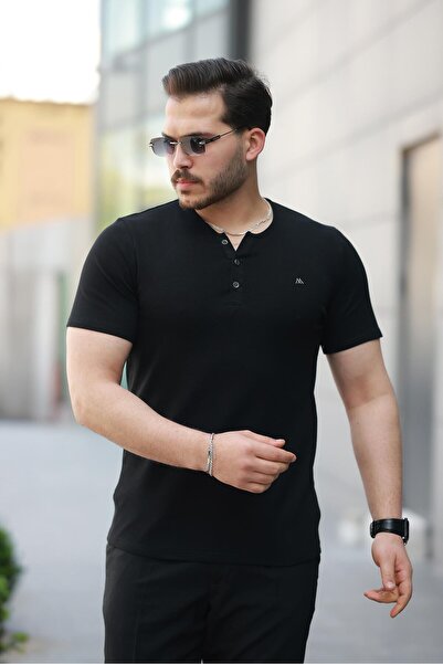 URBAN Erkek SİYAH Önü Düğmeli Sıfır Yaka Regular Fit Tişört Beyaz - 2510