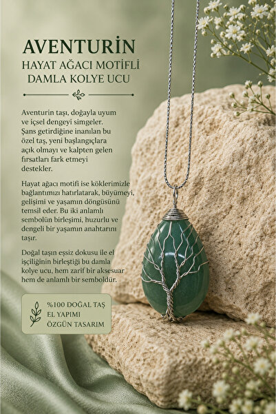 OSMANLI DOĞAL TAŞ Sertifikalı Aventurin Damla Kolye ( Hayat Ağacı Sarmallı, Ç...