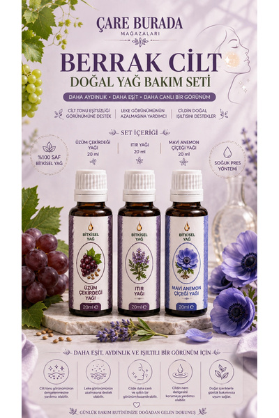 Çare Burada Berrak Cilt Doğal Yağ Bakım Seti (Mavi Anemon Çiçeği & Üzüm Çekir...