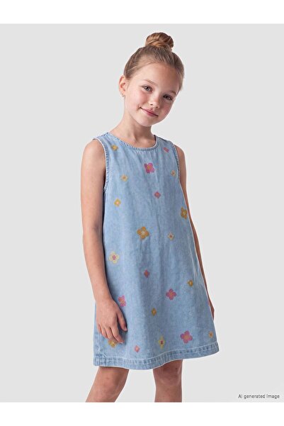 LC Waikiki Lcw Kids Blue Crew Neck Floral Embroidered Girls' Dress