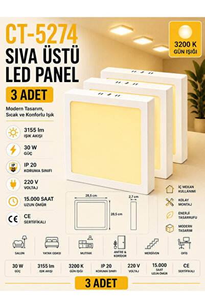 Yenilig 3 Adet CT-5274 Sıva Üstü Kare LED Panel 30W 3200K Sarı Işık Beyaz Kas...