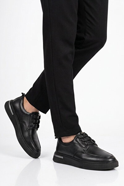 Aspor Black Genuine Leather Rubber Laced Men's Casual Shoes