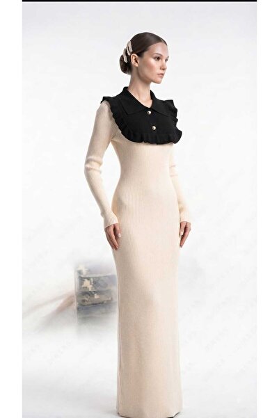 newmisal Women's Tricot Dress with Ruffle Collar Detail