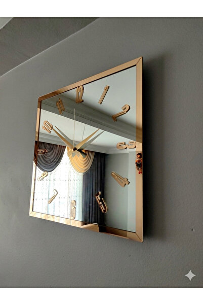 Ronson Gümüş Aynalı Kare Duvar Saati 40x40 cm - Gold Çerçeveli ve Rakamlı Lük...