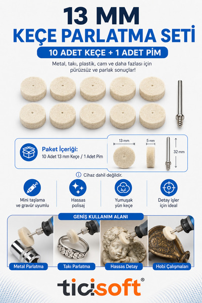 Ticisoft 11 Parça 13 mm Yün Keçe Polisaj Parlatma Seti 10 Adet Mini Keçe + 1 ...
