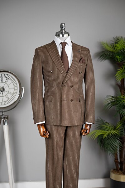 terzi ayhan Striped Double-Breasted Suit Brown