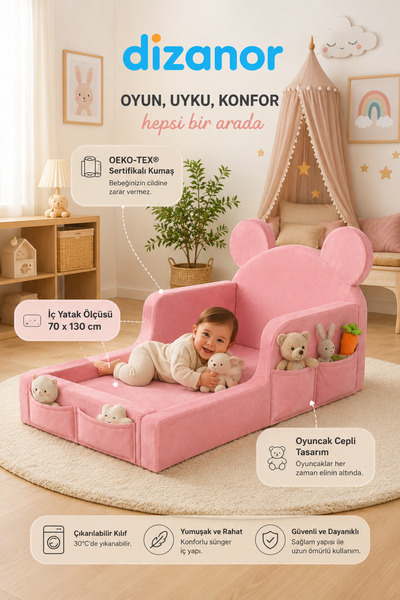 Dizanor Luxury Tedyy Baza ve Başlıklı Montessori Full Sünger Yatak Seti
