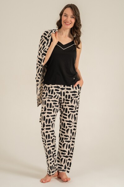 Pierre Cardin Women's Black 3-Piece Pajama Set, Combed Cotton Modal Pajama Set with Pockets, 50% Cotton 50% Modal