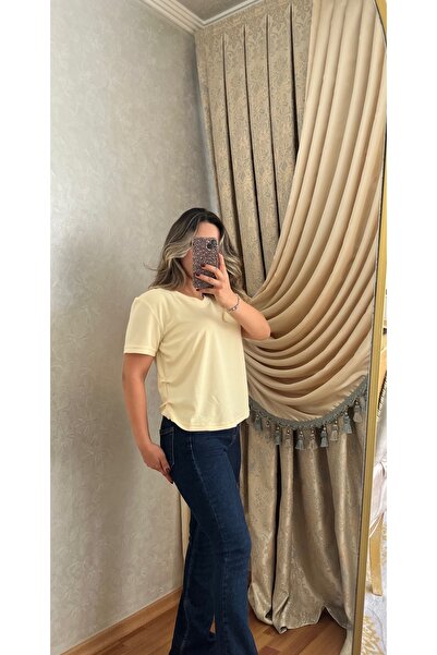 V Yaka Basic Pastel Sarı Bluz
