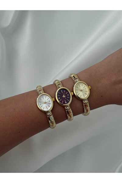 Gold Kol Saati Oval Kadranlı Taş Detaylı Vintage İnce Çelik Kordon Quartz Saat Bordo Kadran / Krem Kadran / Beyaz Kadran