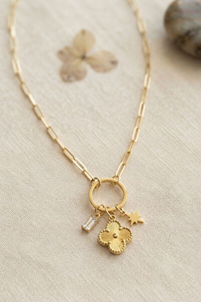 naque Gold Color Paperclip Chain Clover Model Women's Necklace Tj-Bko11208