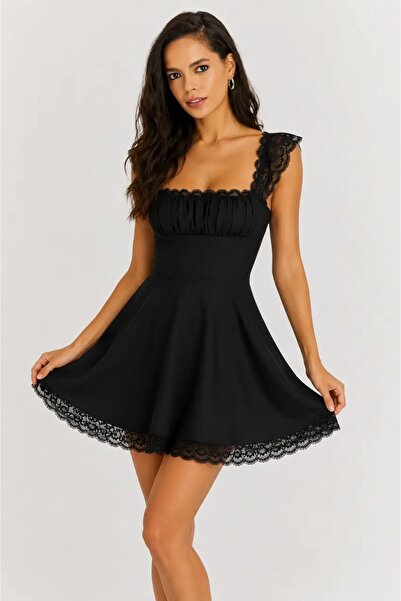 CARLA MARA Black Lace Detailed Square Neck Back Tie Mini Dress