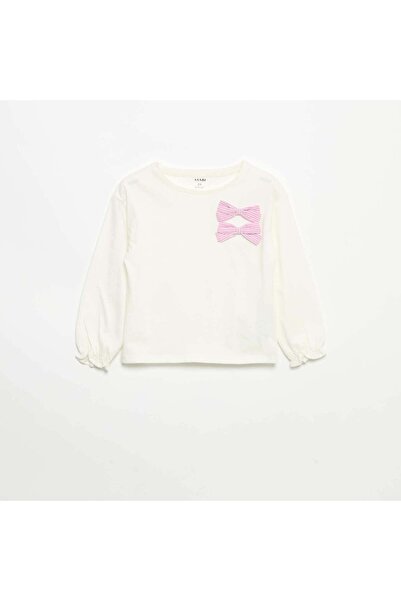 KIABI Long-Sleeved Striped T-Shirt With Decorative Bows White