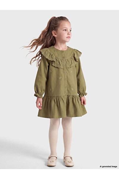 LC Waikiki Lcw Kids Khaki Floral Embroidered Girls' Dress