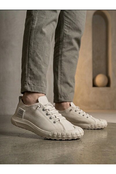 pabucmarketi Cream Textile Rubber Laced Men's Sneaker