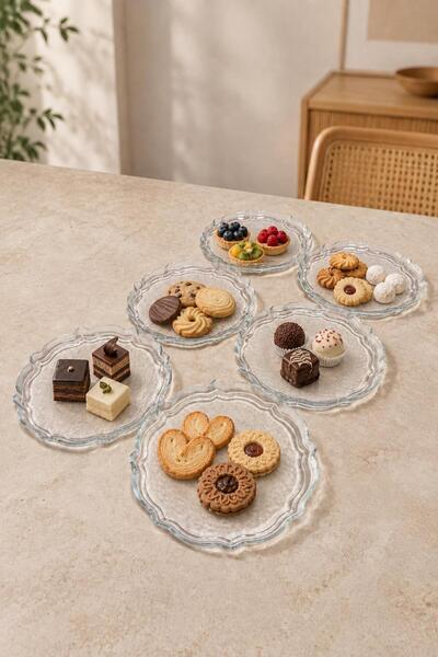 İLİVA Set of 6 Wavy Edge Glass Cake Plates Dessert Cookie Breakfast and Prese...