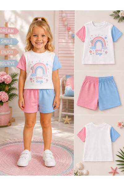 VESTIR BIEN Pink-Blue-White Rainbow Printed 3-Color Girls' Top and Bottom Set