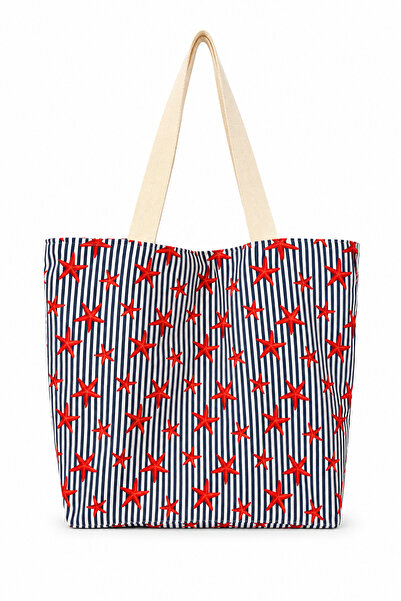 MODA CERO Starfish Patterned Lined Beach Bag Foldable Large Size 50X40Cm