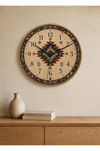 AA Shop Anadolu Motifli Baskılı Duvar Saati Etnik Kilim Desenli Sessiz Dekora...