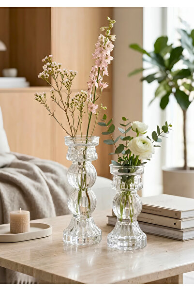 HOMİNG Pera Vintage 2-Piece Glass Vase Flower Holder 23.5 and 18.5 cm