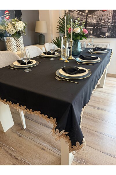 Decamor home Black Tablecloth with Copper Lace Detail