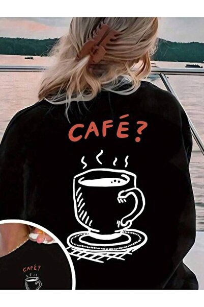 2BIR Women's Hand-Drawn Coffee Cup T-Shirt - Black Double-Sided Graphic Tee, ...