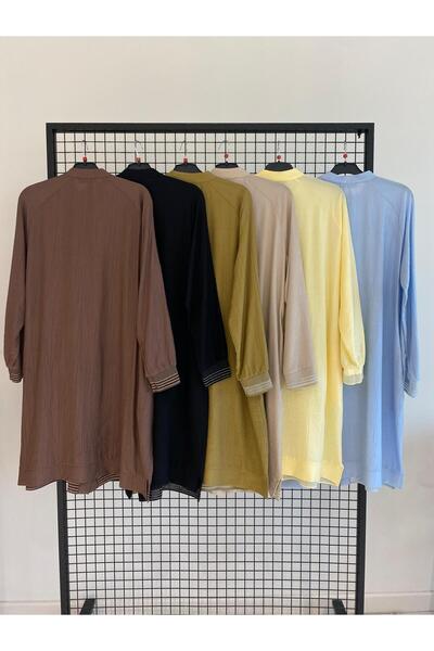 Armine Trendy Natural Fabric Buttoned Raglan Sleeve Ribbed 100 cm Tunic