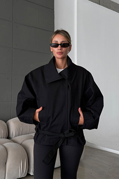 NET OF NOT ZR Model Siyah Dik Yaka Gabardin Kumaş Oversize Kadın Trençkot Ceket