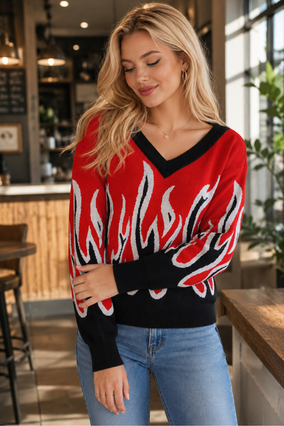 citystyle Women's V-Neck Long Sleeve Flame Patterned Color Garnished Special ...