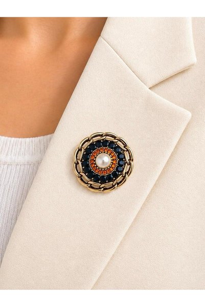 Ceso Accesories Kadın Vintage Çiçek Formlu İnci ve Kristal Taş Detaylı Şık Broş