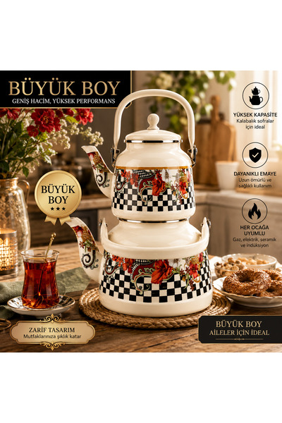 ALEV EMAYE Büyük Boy Emaye Çaydanlık – 1,5 L Üst + 3,5 L Alt Suluk – Kalabalı...