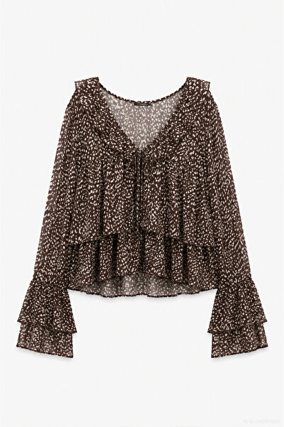 Quzu Leopard Patterned Ruffled Tie-Back Blouse Brown