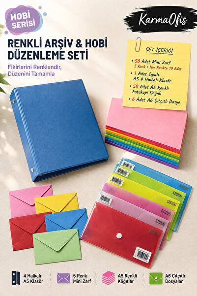 KarmaOfis Blue Color A5 4-Ring Binder Set with 8 Color Options – 50 A5 Colore...