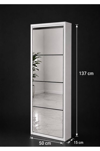 Genel Markalar HOME 4 Kapaklı Aynalı /Beyaz Metal Ayakkabılık Şık Tasarım