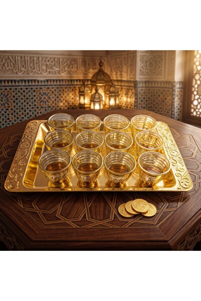 MAYSAM HAC UMRE HEDİYELİK Gold Colored Decorative Serving Tray Set of 12 Cups...