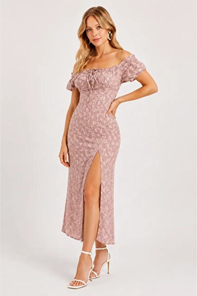 CARLA MARA Single Color Bandana Slit Detailed Madonna Collar Midi Dress