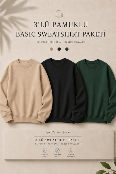 DAMGA JEANS 3 Pieces Men's 100% Cotton Regular Fit Basic Sweatshirt