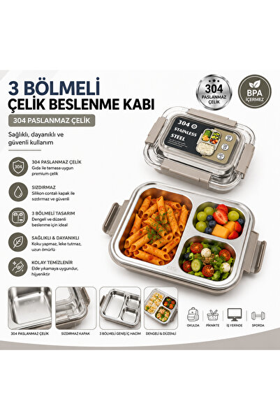 MUZEKO STAINLESS STELL 3 Bölmeli Paslanmaz Çelik Yemek Kabı Sızdırmaz Kapaklı...