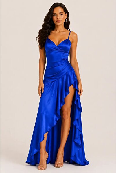 CARLA MARA Saks Blue Asymmetrical Slit Detailed Satin Evening Dress