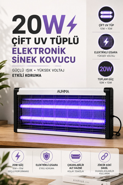 Merwish 20W Çift UV Tüplü Elektronik Sinek Kovucu AUHMA Elektrikli Izgaralı, Çıkarılabilir Hazneli, Zincir Askılı Duvara Asılabilir