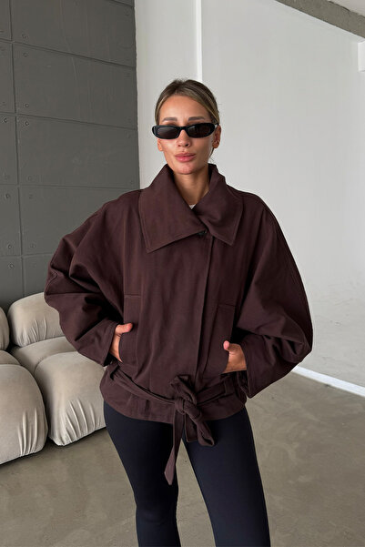 NET OF NOT ZR Model Kahve Dik Yaka Gabardin Kumaş Oversize Kadın Trençkot Ceket