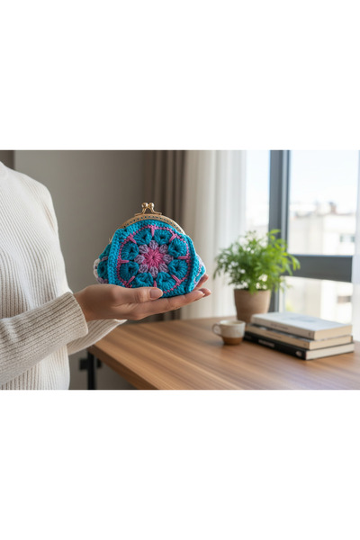 B BUL AKSESUAR Handmade Crochet Flower Motif Coin Purse Colorful Mini Wallet ...
