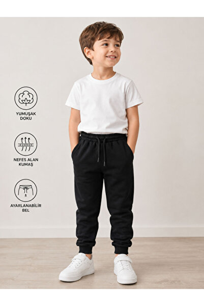 cesita Boys' Cotton 2-Strand Black School Sweatpants Without Pockets