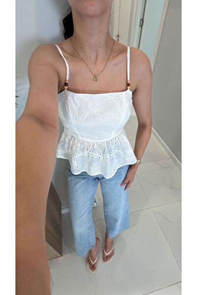 BİRCANÇİL Yongs Ekru İşleme Detaylı Askılı Bluz
