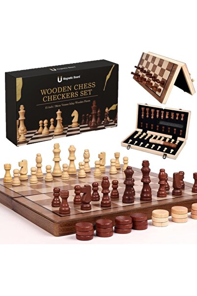 Zaroon 15 Inch Wooden Chess & Checkers Set, Magnetic Folding Chess Board with...