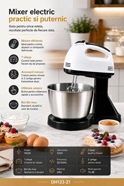 Otto Mixer electric cu bol din inox, 7 viteze, 100W, 2 teluri si 2 carlige pentru aluat, DH133-Z1.