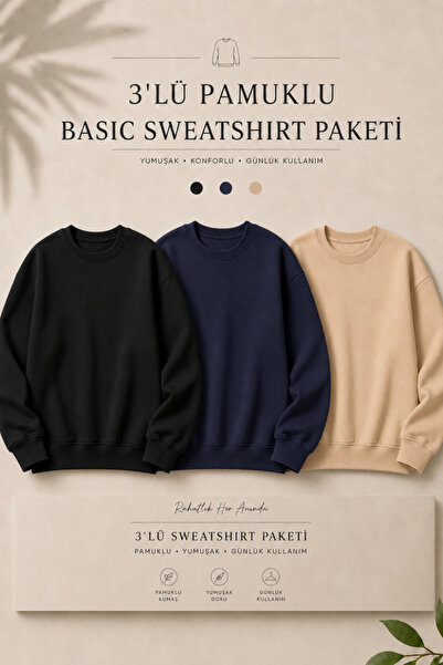 DAMGA JEANS 3 Pieces Men's 100% Cotton Regular Fit Basic Sweatshirt