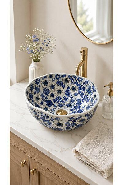 EvaniLife Papatya Model Blue Meadow Serisi El Yapımı Seramik Lavabo Özel Tasa...