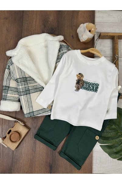 my petit panda Fur-Lined Lumberjack Coat, Bear Teddy Printed Long Sleeve Badi Lycra Gabardine Elastic Waist Pants, 3-Piece Winter Baby Boy Set