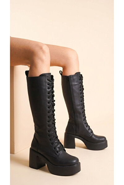Moda Lime Thick High Heel Zippered Below the Knee Plain Lace-Up Women's Boots